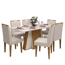 Conjunto Sala de Jantar Mesa Amalfi Canela/Off White com 6 Cadeiras Creta Canela/Champagne - PR Móveis 