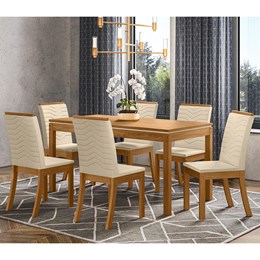 Conjunto Sala de Jantar Mesa Chan Nature/Off White com 6 Cadeiras Isa Nature/Linho - Móveis Henn  