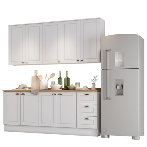 Cozinha Americana 4 Peças com Balcão 120cm e Tampo Branco/Nature - Móveis Henn