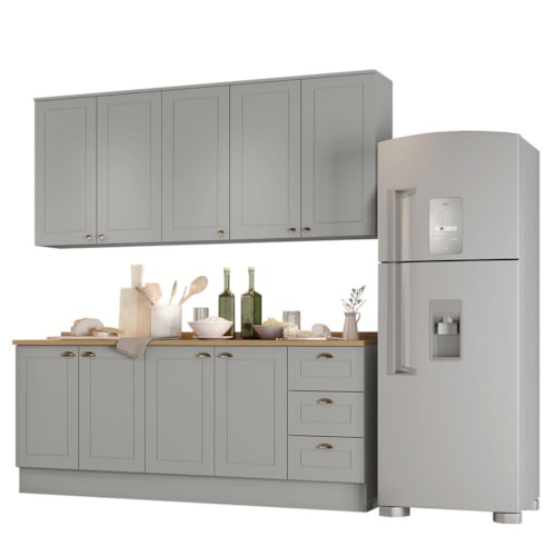 Cozinha Americana 4 Peças com Balcão 120cm e Tampo Cinza/Nature - Móveis Henn