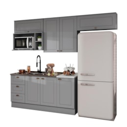 Cozinha Americana 5 Peças com Balcão 120cm e Aéreo Micro-ondas Cinza - Móveis Henn 