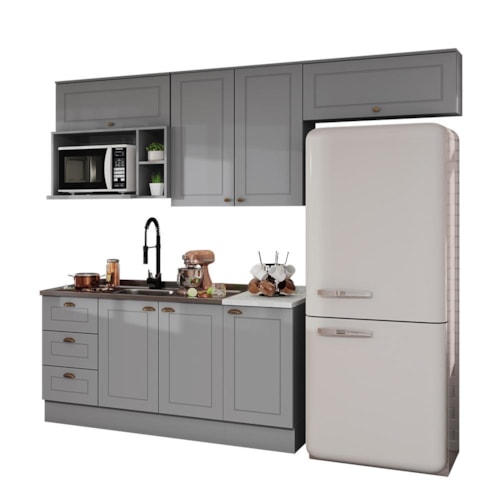 Cozinha Americana 5 Peças com Balcão 120cm e Aéreo Micro-ondas Cinza - Móveis Henn 
