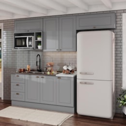 Cozinha Americana 5 Peças com Balcão 120cm e Aéreo Micro-ondas Cinza - Móveis Henn 