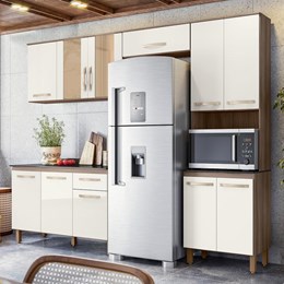 Cozinha Compacta Fit 11 Portas com Balcão 120cm Carvalho Nature/Off White Cristal - Nicioli