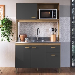 Cozinha Compacta Veneto 122cm 4 Portas e 1 Gaveta Castani/Chumbo - Indékes