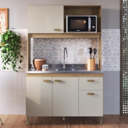 Cozinha Compacta Veneto 122cm 4 Portas e 1 Gaveta Castani/Off White - Indékes