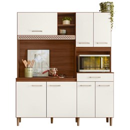 Cozinha Compacta Yara 160 com 7 Portas e 1 Gaveta Avelã/Off White Cristal - Nicioli