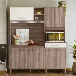 Cozinha Compacta Yara 160 com 7 Portas e 1 Gaveta Carvalho Nature/Off White Cristal - Nicioli