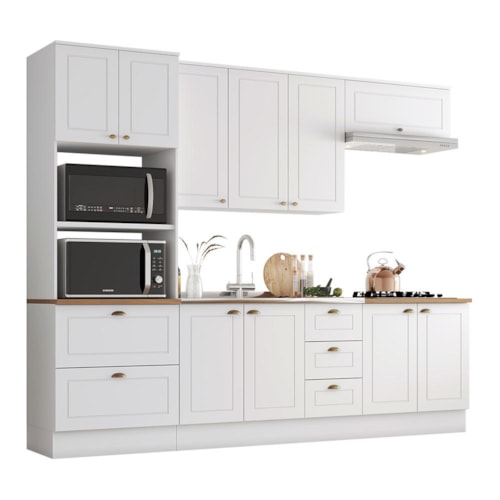 Cozinha Completa 5 Peças Americana com Torre Quente 2 Fornos e Balcão 120cm Branco/Nature sem Tampo - Móveis Henn