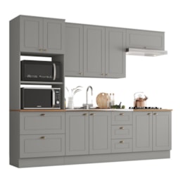 Cozinha Completa 5 Peças Americana com Torre Quente 2 Fornos e Balcão 120cm Cinza/Nature sem Tampo - Móveis Henn