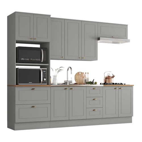 Cozinha Completa 5 Peças Americana com Torre Quente 2 Fornos e Balcão 120cm Cinza/Nature sem Tampo - Móveis Henn