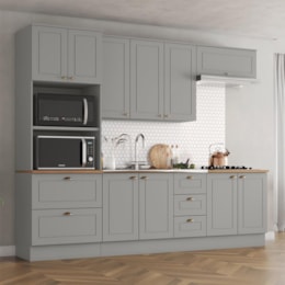 Cozinha Completa 5 Peças Americana com Torre Quente 2 Fornos e Balcão 120cm Cinza/Nature sem Tampo - Móveis Henn