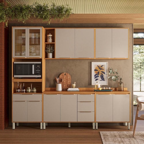 Cozinha Completa 5 Peças com Paneleiro 1 Forno, 2 Balcões e 2 Armários Aéreos Plena Cinamon/Nude Prime TX - Demóbile