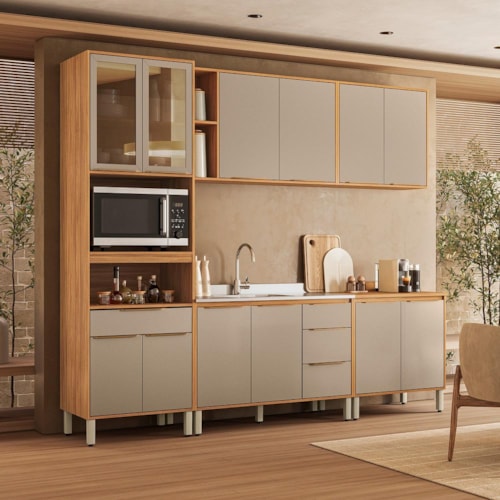Cozinha Completa 5 Peças sem Tampo com Paneleiro 1 Forno, 2 Balcões e 2 Armários Aéreos Plena Cinamon/Nude Prime TX - Demóbile  Cinamon/Nude Prime TX