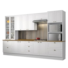 Cozinha Completa 6 Peças Americana Branco com Cristaleira Tampo Nature - Móveis Henn Cozinha Completa 6 Peças Americana Branco com Cristaleira Tampo Nature - Móveis Henn