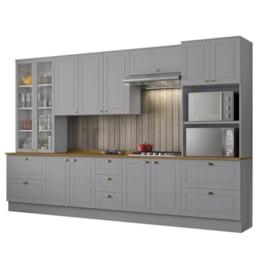 Cozinha Completa 6 Peças Americana Cinza com Cristaleira Tampo Nature - Móveis Henn Cozinha Completa 6 Peças Americana Cinza com Cristaleira Tampo Nature - Móveis Henn