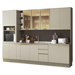 Cozinha Completa 8 Peças Connect Duna/Cristal com Aéreo Vidro e Rodapé - Móveis Henn Cozinha Completa 8 Peças Connect Duna/Cristal com Aéreo Vidro e Rodapé - Móveis Henn
