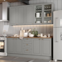 Cozinha Completa Americana 4 Peças Cinza/Nature com Tampo - Móveis Henn Cozinha Completa Americana 4 Peças Cinza/Nature com Tampo - Móveis Henn