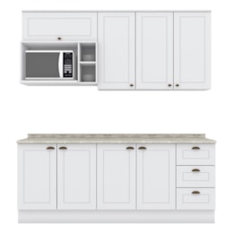 Cozinha Completa Americana 5 Peças com Aéreo Micro-ondas Branco e Tampo Calcare - Móveis Henn Cozinha Completa Americana 5 Peças com Aéreo Micro-ondas Branco e Tampo Calcare - Móveis Henn