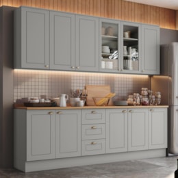 Cozinha Completa Americana 6 Peças Cinza/Nature com Tampo - Móveis Henn Cozinha Completa Americana 6 Peças Cinza/Nature com Tampo - Móveis Henn