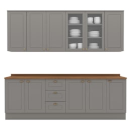 Cozinha Completa Americana 6 Peças Cinza/Nature com Tampo - Móveis Henn Cozinha Completa Americana 6 Peças Cinza/Nature com Tampo - Móveis Henn