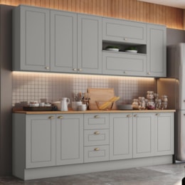 Cozinha Completa Americana 7 Peças Cinza/Nature com Tampo - Móveis Henn Cozinha Completa Americana 7 Peças Cinza/Nature com Tampo - Móveis Henn