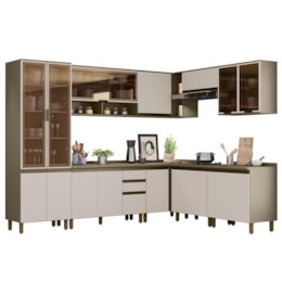 Cozinha Completa de Canto 9 Peças Connect Duna/Cristal com Cristaleira e Aéreo Vidro - Móveis Henn Cozinha Completa de Canto 9 Peças Connect Duna/Cristal com Cristaleira e Aéreo Vidro - Móveis Henn