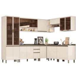 Cozinha Completa de Canto 9 Peças Connect Off White com Cristaleira e Aéreo Vidro - Móveis Henn Cozinha Completa de Canto 9 Peças Connect Off White com Cristaleira e Aéreo Vidro - Móveis Henn