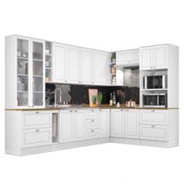 Cozinha Completa de Canto Americana 10 Peças Branco com Cristaleira e Tampo Nature - Móveis Henn Cozinha Completa de Canto Americana 10 Peças Branco com Cristaleira e Tampo Nature - Móveis Henn
