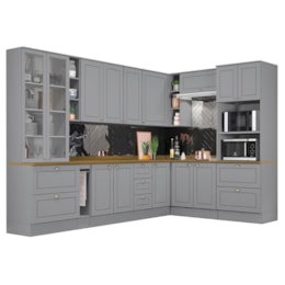 Cozinha Completa de Canto Americana 10 Peças Cinza Tampo Nature - Móveis Henn Cozinha Completa de Canto Americana 10 Peças Cinza Tampo Nature - Móveis Henn