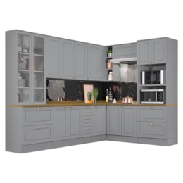 Cozinha Completa de Canto Americana 8 Peças Cinza com Cristaleira e Tampo Nature - Móveis Henn Cozinha Completa de Canto Americana 8 Peças Cinza com Cristaleira e Tampo Nature - Móveis Henn