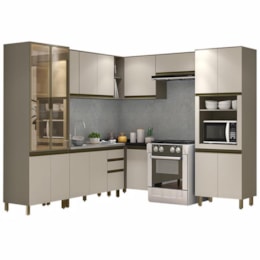 Cozinha Completa de Canto Connect 7 Peças Duna/Cristal com Cristaleira e Torre Quente - Móveis Henn Cozinha Completa de Canto Connect 7 Peças Duna/Cristal com Cristaleira e Torre Quente - Móveis Henn