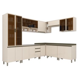 Cozinha Completa de Canto Connect 9 Peças Off White com Cristaleira - Móveis Henn Cozinha Completa de Canto Connect 9 Peças Off White com Cristaleira - Móveis Henn