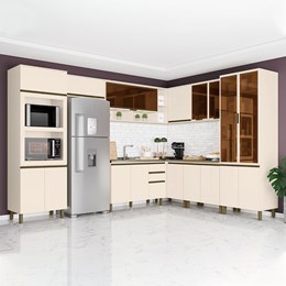 Cozinha Completa de Canto Connect 9 Peças Off White com Torre Quente e Cristaleira - Móveis Henn