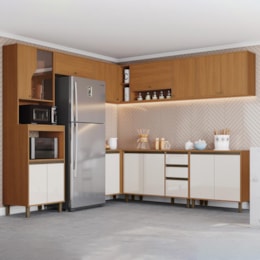 Cozinha Completa Venaly 8 Peças com Balcão, Tampo e Aéreo Basculante 80cm Cinamomo/Off White - Móveis Henn