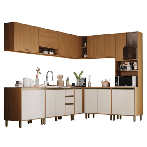 Cozinha Completa Venaly 9 Peças com Balcão Pia e Torre Quente 1 Forno Cinamomo/Off White - Móveis Henn