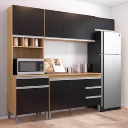 Cozinha Modulada Andréia 5 Peças 240cm Amêndoa/Preto - AJL Móveis Cozinha Modulada Andréia 5 Peças 240cm Amêndoa/Preto - AJL Móveis