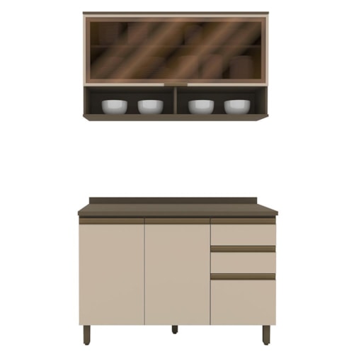 Cozinha Modulada Connect 2 Peças com Aéreo Basculante e Balcão 120cm Duna/Cristal - Móveis Henn