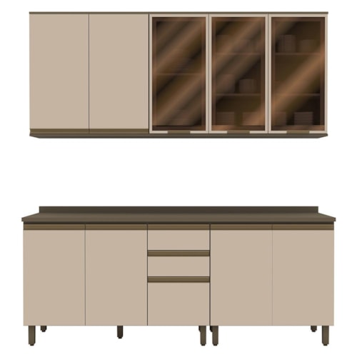 Cozinha Modulada Connect 5 Peças Aéreo 3 Portas Duna/Cristal com Vidro - Móveis Henn
