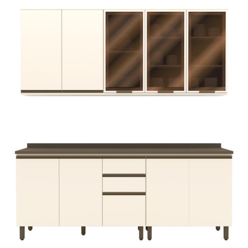 Cozinha Modulada Connect 5 Peças Aéreo 3 Portas Off White com Vidro - Móveis Henn