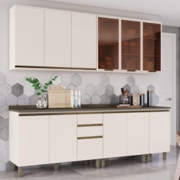 Cozinha Modulada Connect 7 Peças Aéreo 3 Portas Off White com Vidro - Móveis Henn