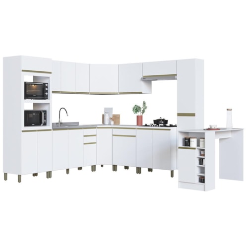Cozinha Modulada de Canto Dinamarca 11 Peças com Torre Quente 2 Fornos e Bancada Branco - Indékes
