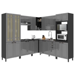 Cozinha Modulada de Canto Firenze 8 Peças com Torre Quente 2 Fornos e Paneleiro Chumbo/Titânio - Indékes