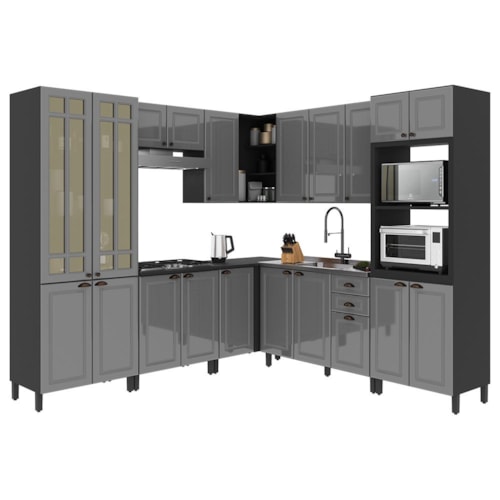 Cozinha Modulada de Canto Firenze 8 Peças com Torre Quente 2 Fornos e Paneleiro Chumbo/Titânio - Indékes