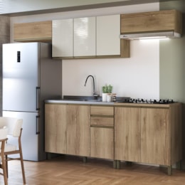Cozinha Modulada Dinamarca 5 Peças Castani com Aéreo 120cm com Vidro Off White - Indékes Cozinha Modulada Dinamarca 5 Peças Castani com Aéreo 120cm com Vidro Off White - Indékes