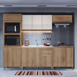 Cozinha Modulada Dinamarca 5 Peças com Torre Quente 2 Fornos Castani e Aéreo 120cm com Vidro Off White - Indékes 