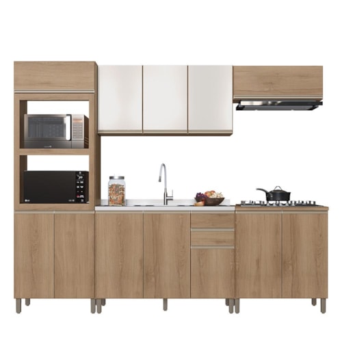 Cozinha Modulada Dinamarca 5 Peças com Torre Quente 2 Fornos Castani e Aéreo 120cm com Vidro Off White - Indékes 