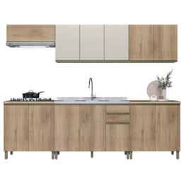 Cozinha Modulada Dinamarca 6 Peças Castani com Aéreo 120cm com Vidro Off White - Indékes Cozinha Modulada Dinamarca 6 Peças Castani com Aéreo 120cm com Vidro Off White - Indékes