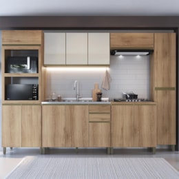 Cozinha Modulada Dinamarca 6 Peças com Torre Quente 2 Fornos Castani e Aéreo 120cm com Vidro Off White - Indékes