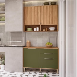 Cozinha Modulada Divina 2 Peças com Armário Aéreo e Balcão 120cm Freijó/Verde - MGM